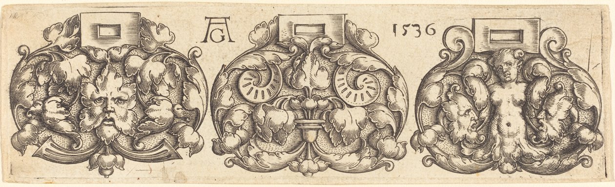 Tre spænder af bælter side om side, 1536. af Heinrich Aldegrever