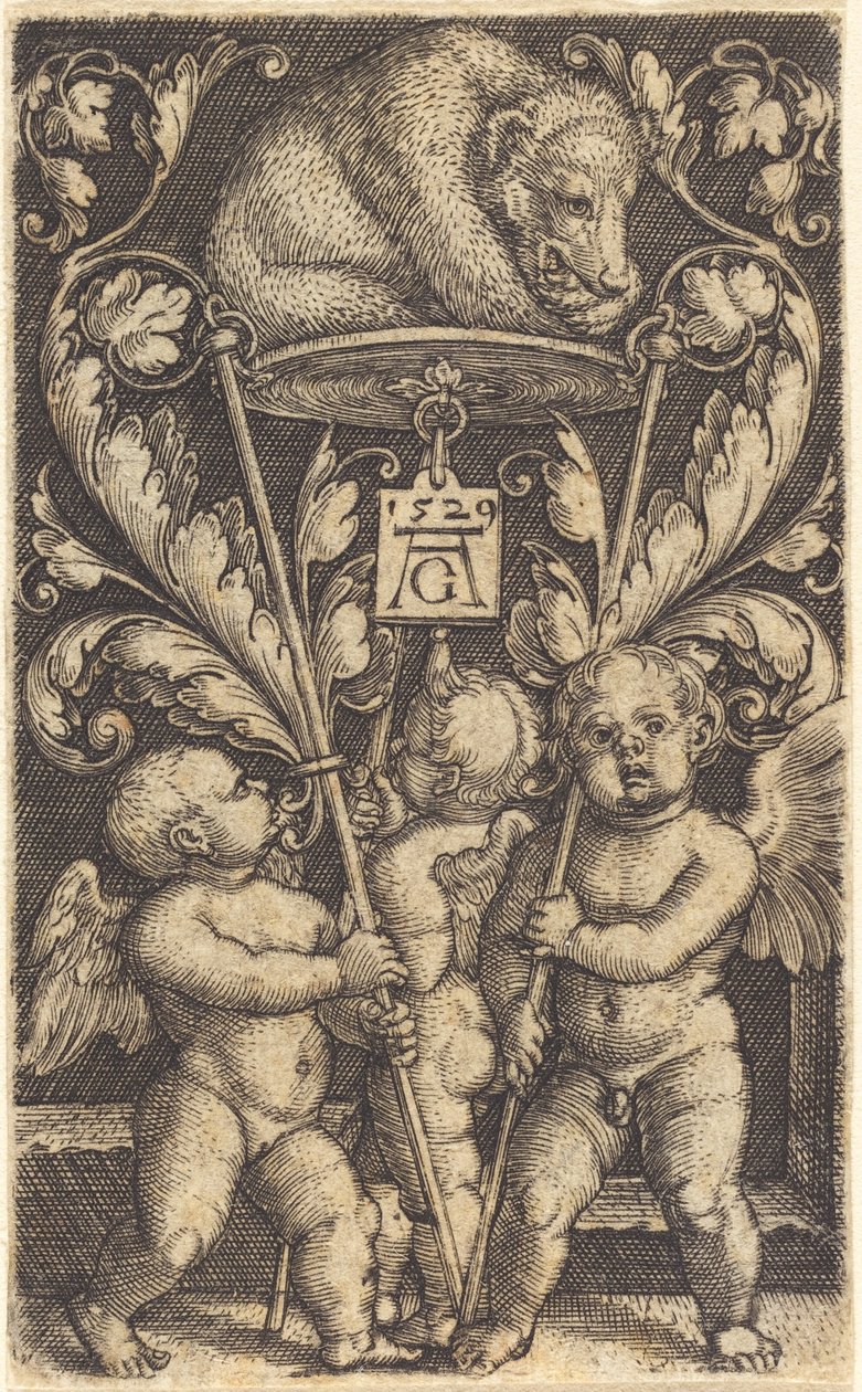 Tre amoriner og en bjørn, 1529. af Heinrich Aldegrever