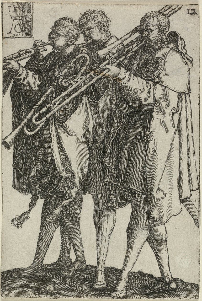 Tre trombonister, tallerken tolv fra The Large Wedding-Dancers af Heinrich Aldegrever