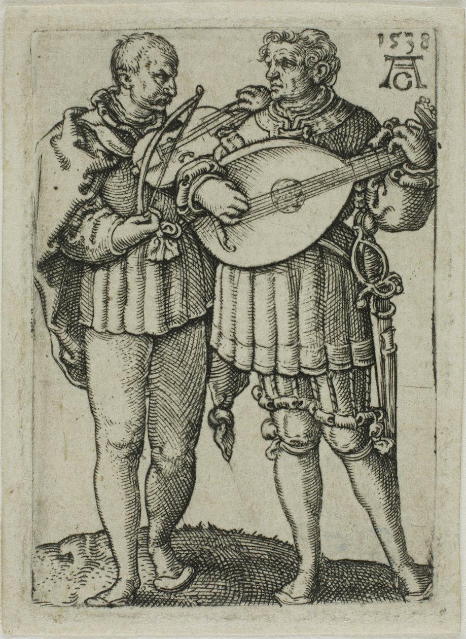 To musikere, der spiller violin og lut, plade en fra Small Wedding Dancers af Heinrich Aldegrever