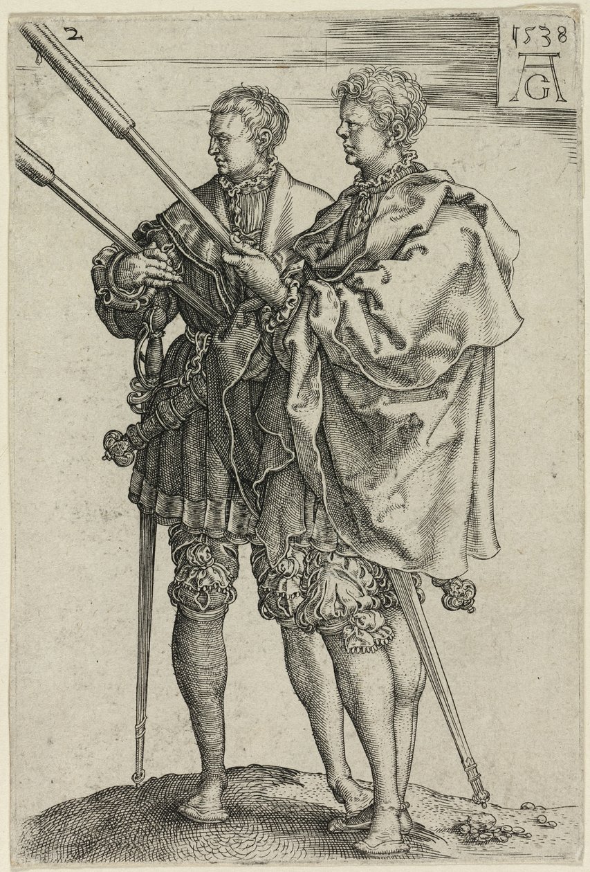 To fakkelbærere, tallerken to fra The Large Wedding-Dancers af Heinrich Aldegrever