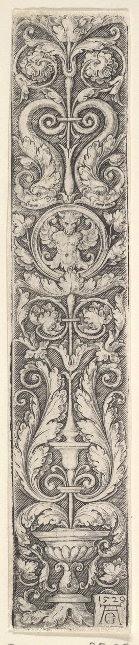 Lodret panel med en kandelaber indeholdende en medaljon med en kentaur og et par dolp..., 1529. af Heinrich Aldegrever