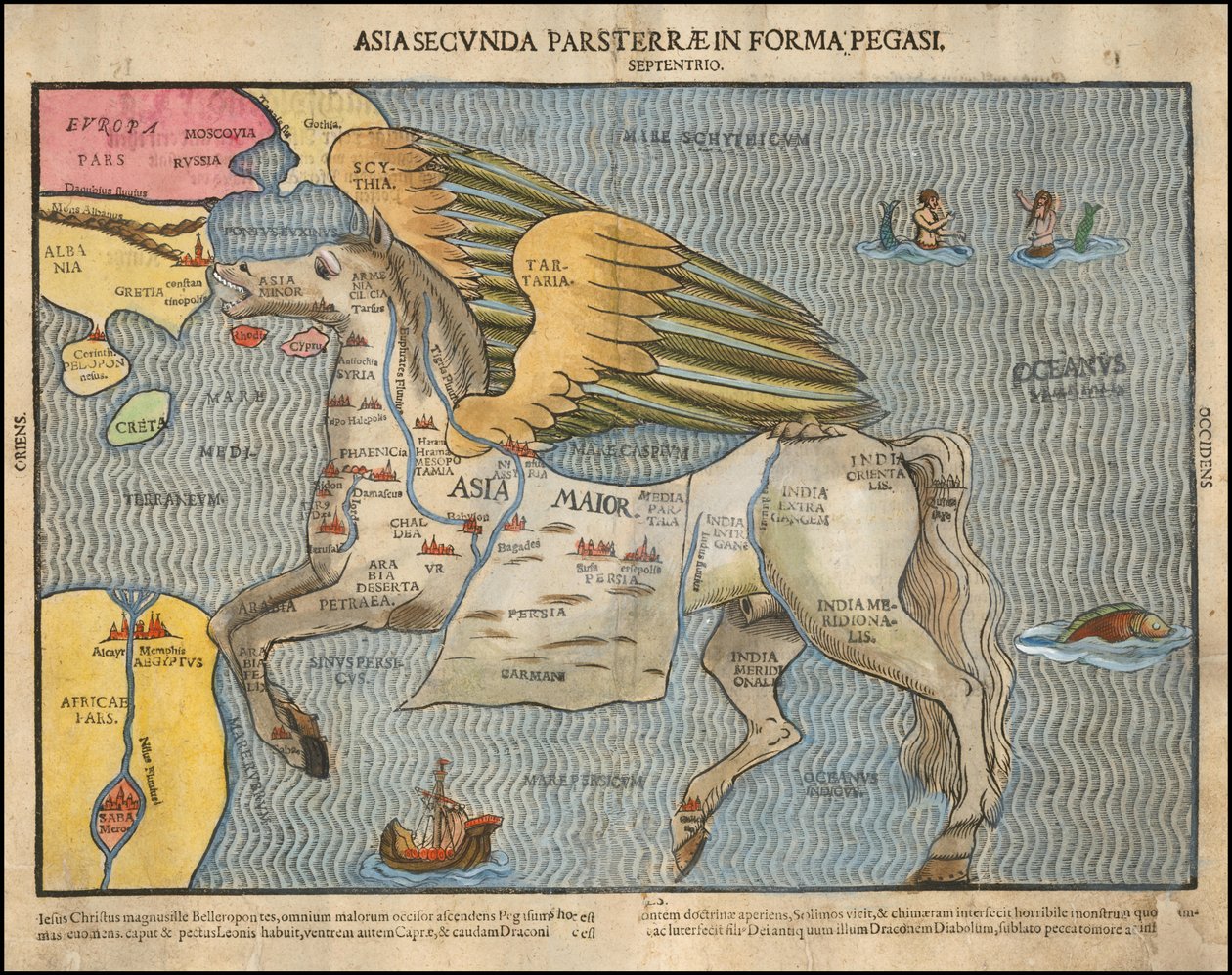 Ca. Billedkort fra 1581 af Heinrich Bünting, der viser Asien som Pegasus af Heinrich Bünting