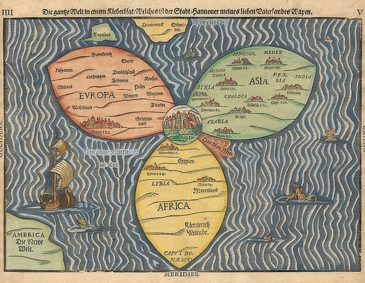 Tre kontinenter i verden som en shamrock, med Jerusalem i centrum. 1581 af Heinrich Bünting