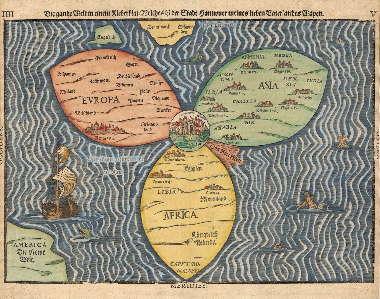 De tre kontinenter med Jerusalem i centrum af verden, 1581 af Heinrich Bünting