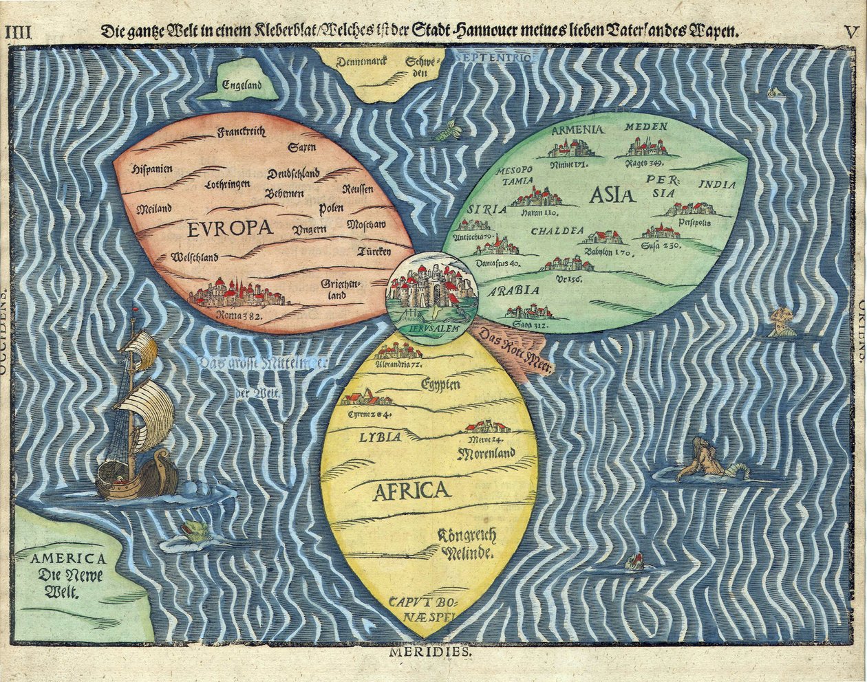 De tre kontinenter med Jerusalem i centrum af verden par Heinrich Buntig (Buentig)(1545-1606) af Heinrich Buntig