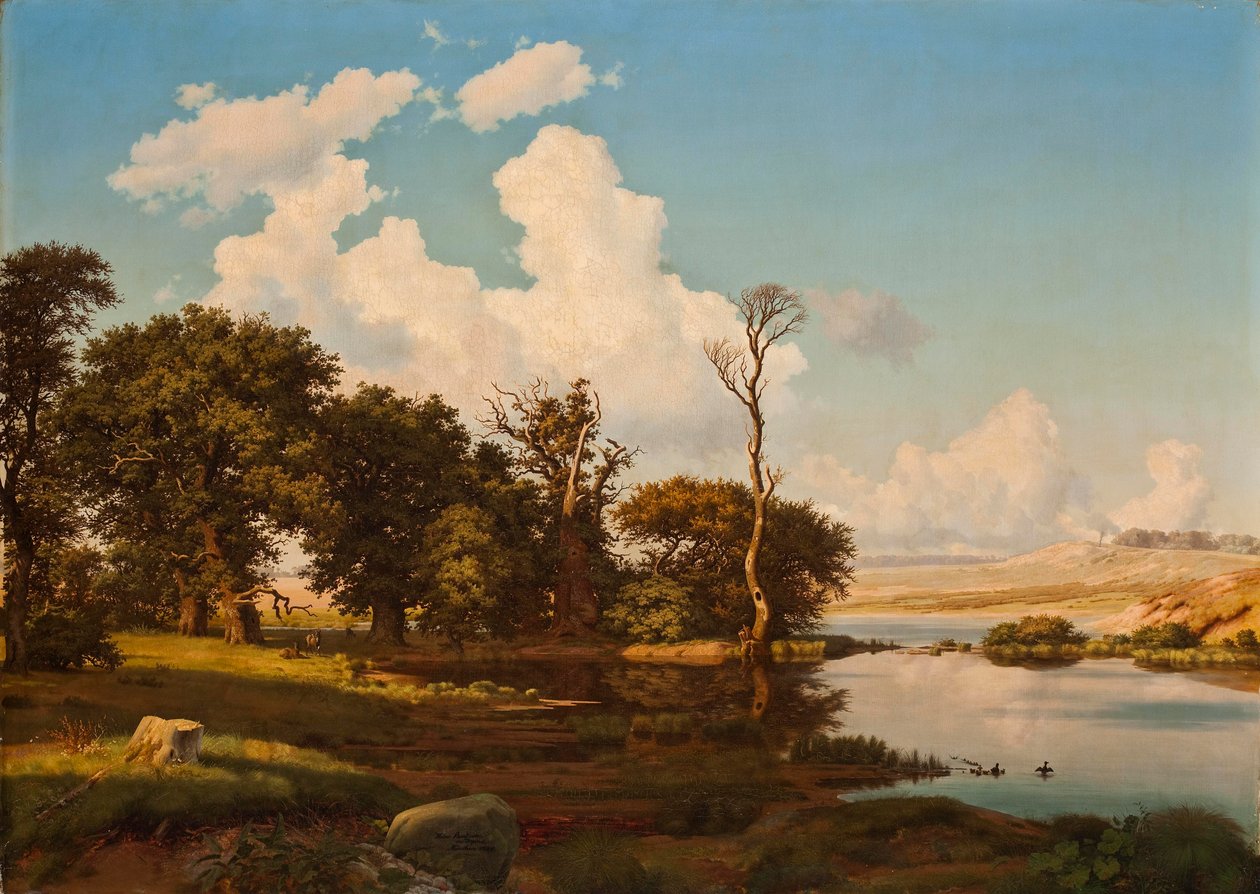 Danish: Dansk landskab, egetræer ved en sø. Danish Landscape, Oak Trees by a Lake. af Heinrich Buntzen