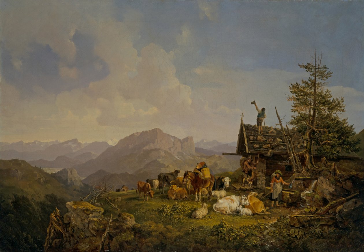 Landskab i Oberbayen med hyrder og deres kvæg hviler ved en hytte af Heinrich Burkel