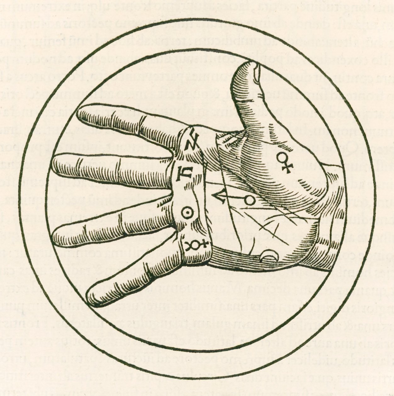 Håndfladekunstens håndgravering fra Heinrich Cornelius Agrippa von Nettesheim (1486-1535) De occulta philosophia libri tres (Tre bøger om okkult filosofi) udgivet i 1533. af Heinrich Cornelius Agrippa von Nettesheim