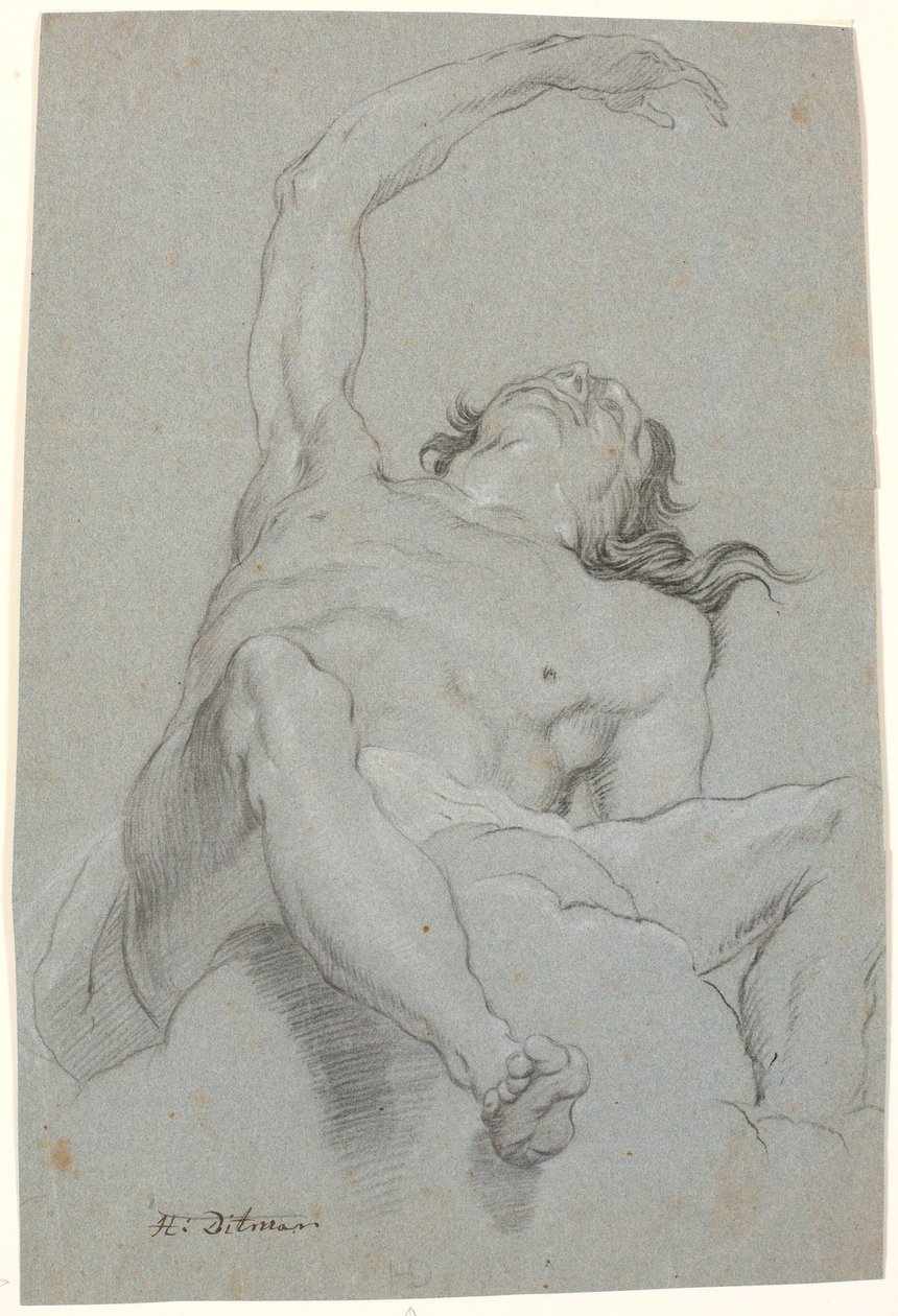 Nøgen mand, set "de sotto in su". Studie til figur i loftsmaleri af Heinrich Dittmers
