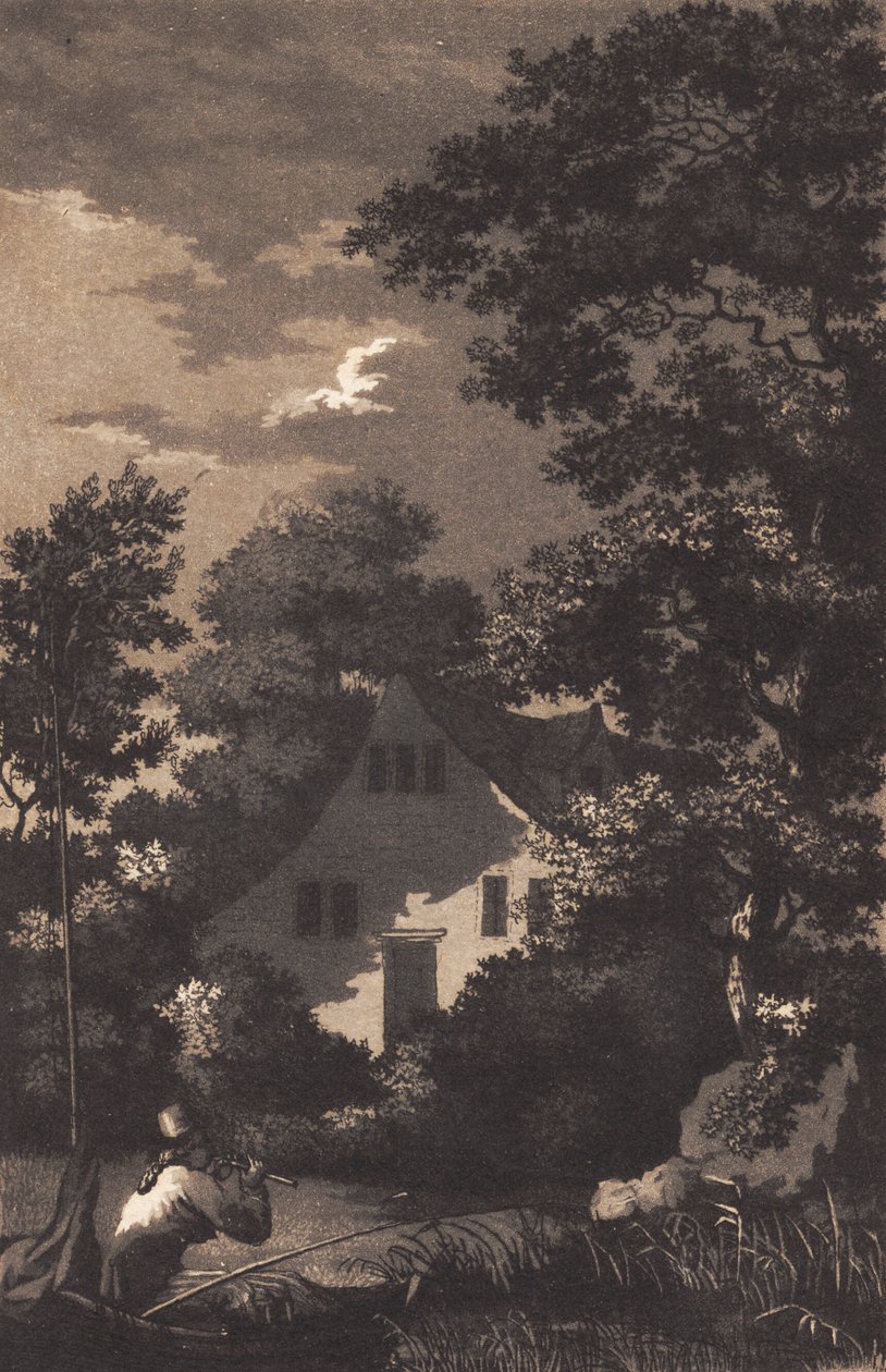 Landskab med måneskin og fløjtespiller af Heinrich Grosch