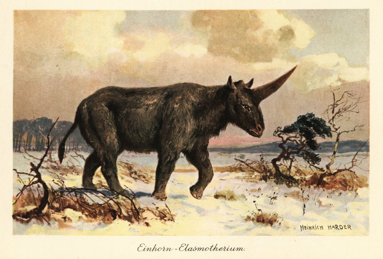 Sibirisk enhjørning, Elasmotherium sibiricum, på en sneklædt slette. af Heinrich Harder