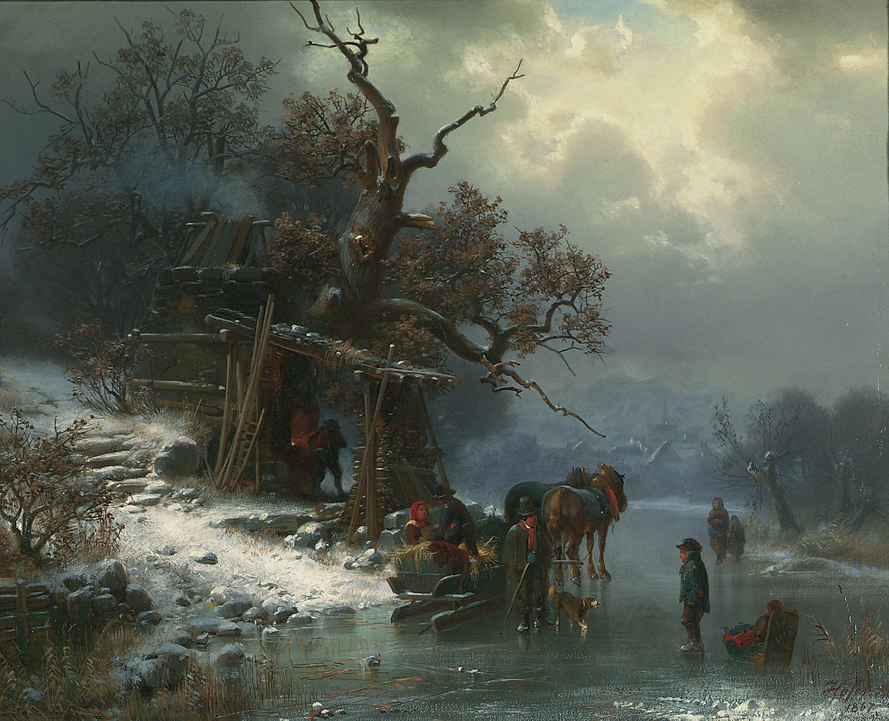 Vinterlandskab med figurer på en frossen flod, 1867 af Heinrich Hofer