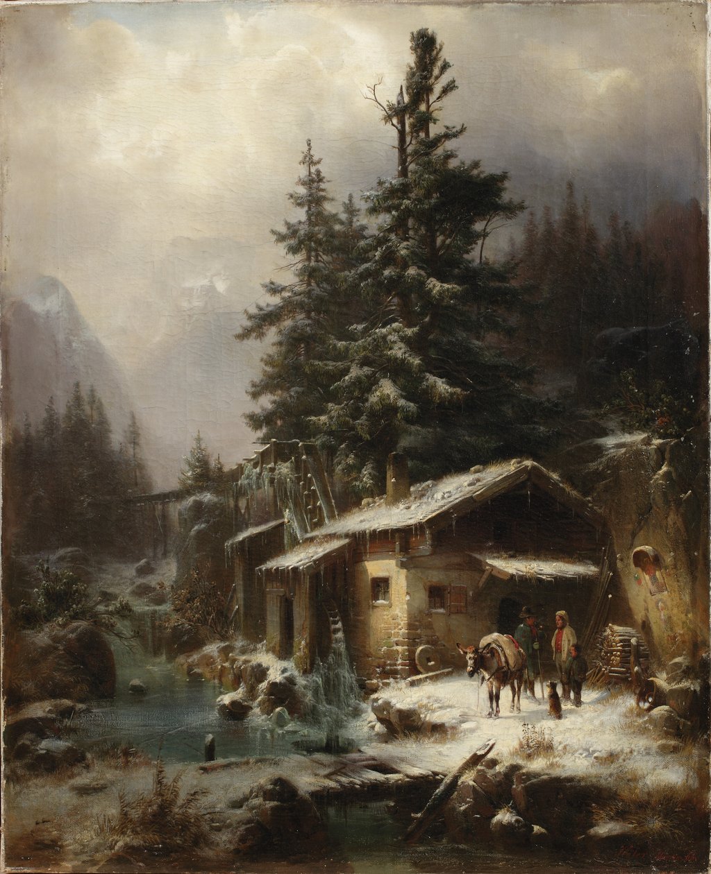 Vinterlandskab med figurer hvilende nær en vandmølle, 1866 af Heinrich Hofer