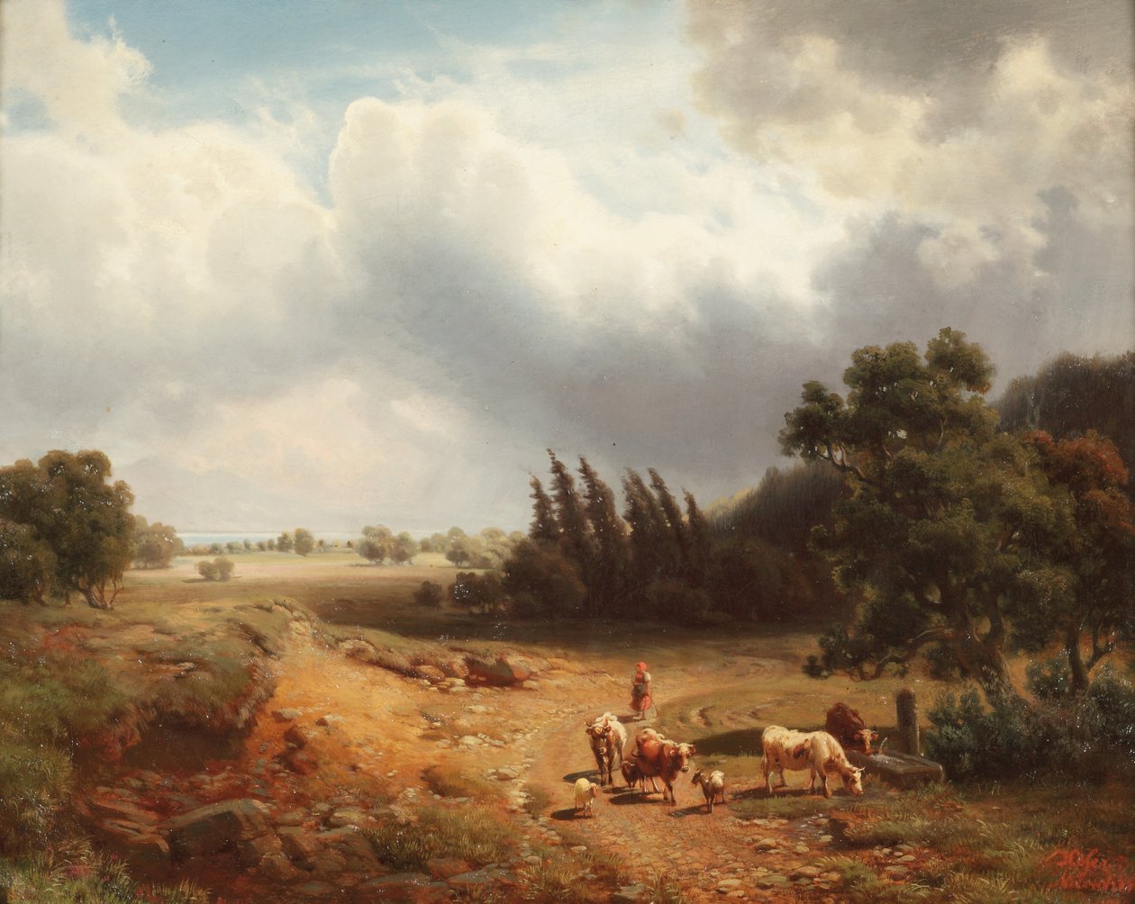 Skovklædt landskab med en hyrdinde og hendes kvæg, 1862 af Heinrich Hofer