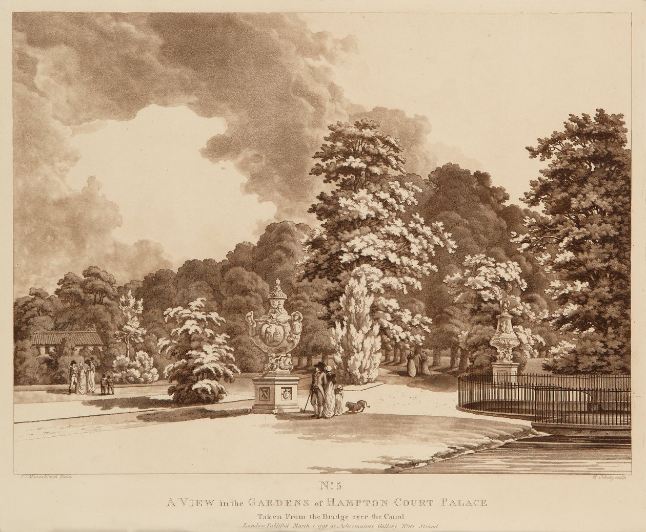 Udsigt over haven ved Hampton Court Palace (ætsning og akvatinte) af Heinrich Joseph Schuz