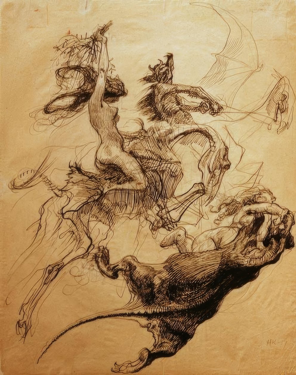 Nøgen kvinde på skelet og djævel, der rider pterodactyl af Heinrich Kley