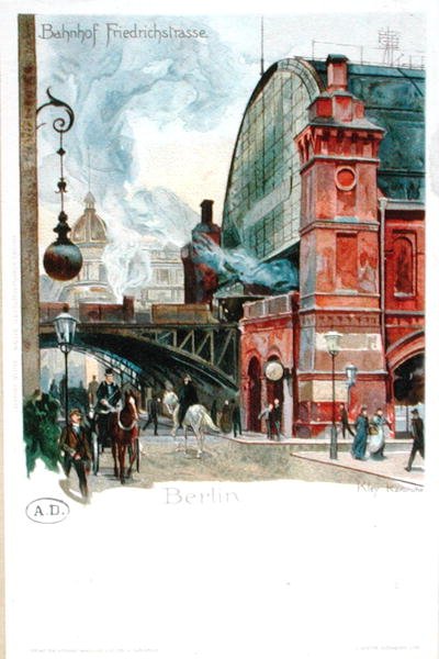 Jernbanestationen i Friedrichstrasse, Berlin, ca. 1900 (farvelitografi) af Heinrich Kley