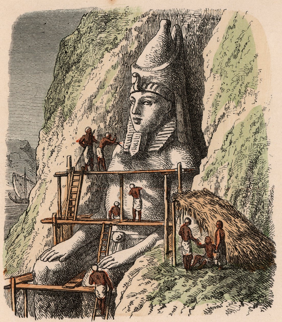Det gamle Egypten: Udskæring af en statue af Abu Simbel-templet, 1866 af Heinrich Leutemann