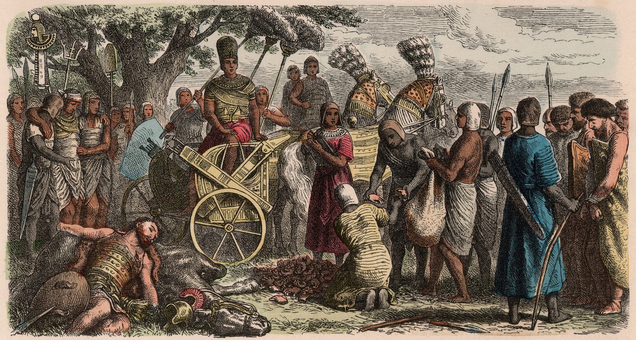 Det gamle Egypten: fangerne bragt til den sejrrige farao Ramses II for at få deres hænder hugget af, 1866 af Heinrich Leutemann