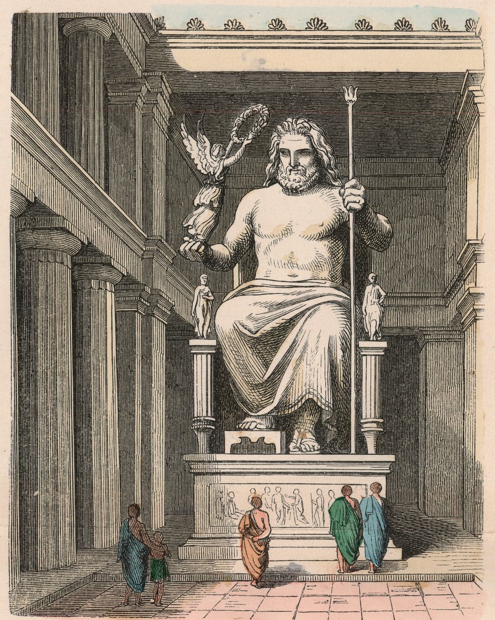 Antikkens Grækenland: Zeus-statue i templet ved Olympia - Skulptur af Phidias, ca. 440/30 f.Kr. et af verdens syv vidundere af Heinrich Leutemann