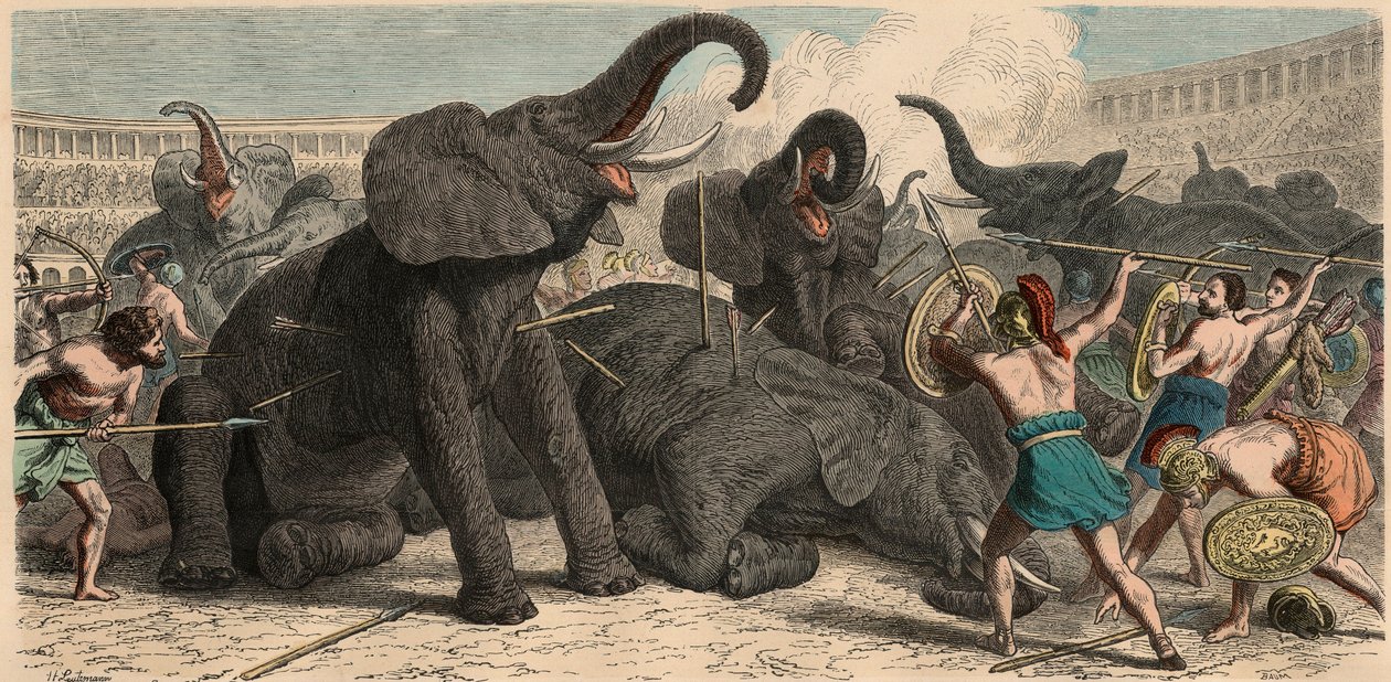 Det gamle Rom: Elefanter bliver dræbt i amfiteatret, 1866 af Heinrich Leutemann
