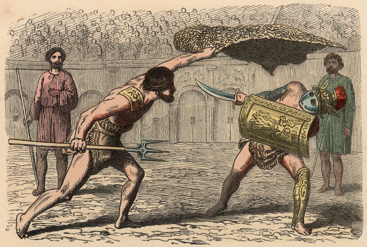 Det antikke Rom: Gladiatorkampe i amfiteater af Heinrich Leutemann