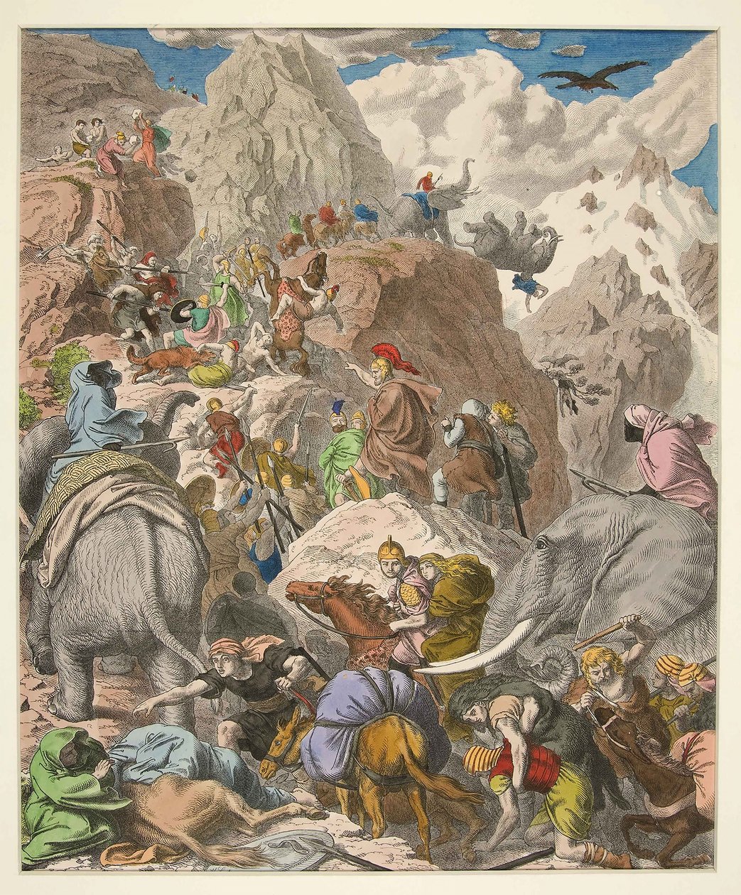 Hannibal Crossing the Alps, pub. 1866 (håndfarvet gravering) af Heinrich Leutemann