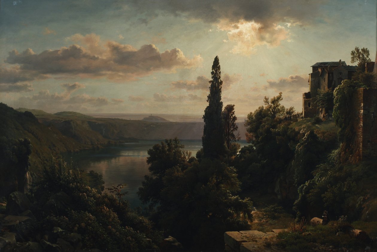 Udsigt over Lake Nemi i Alban Hills nær Rom af Heinrich Louis Theodor Gurlitt