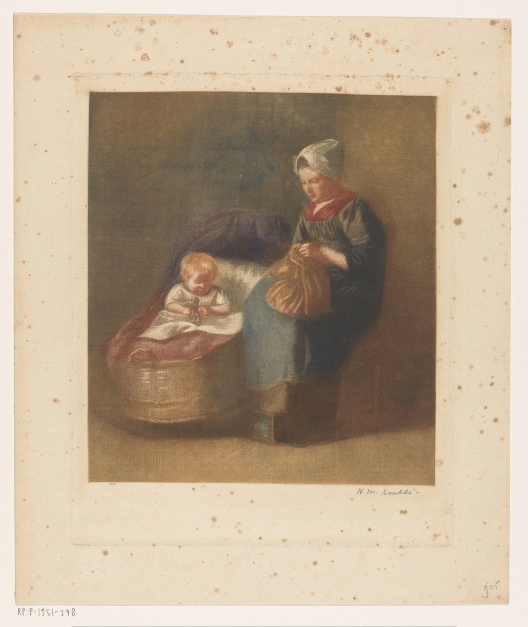 Håndværk kvinde ved siden af ​​et barn en krybbe af Heinrich M. Krabbé (signed by artist)