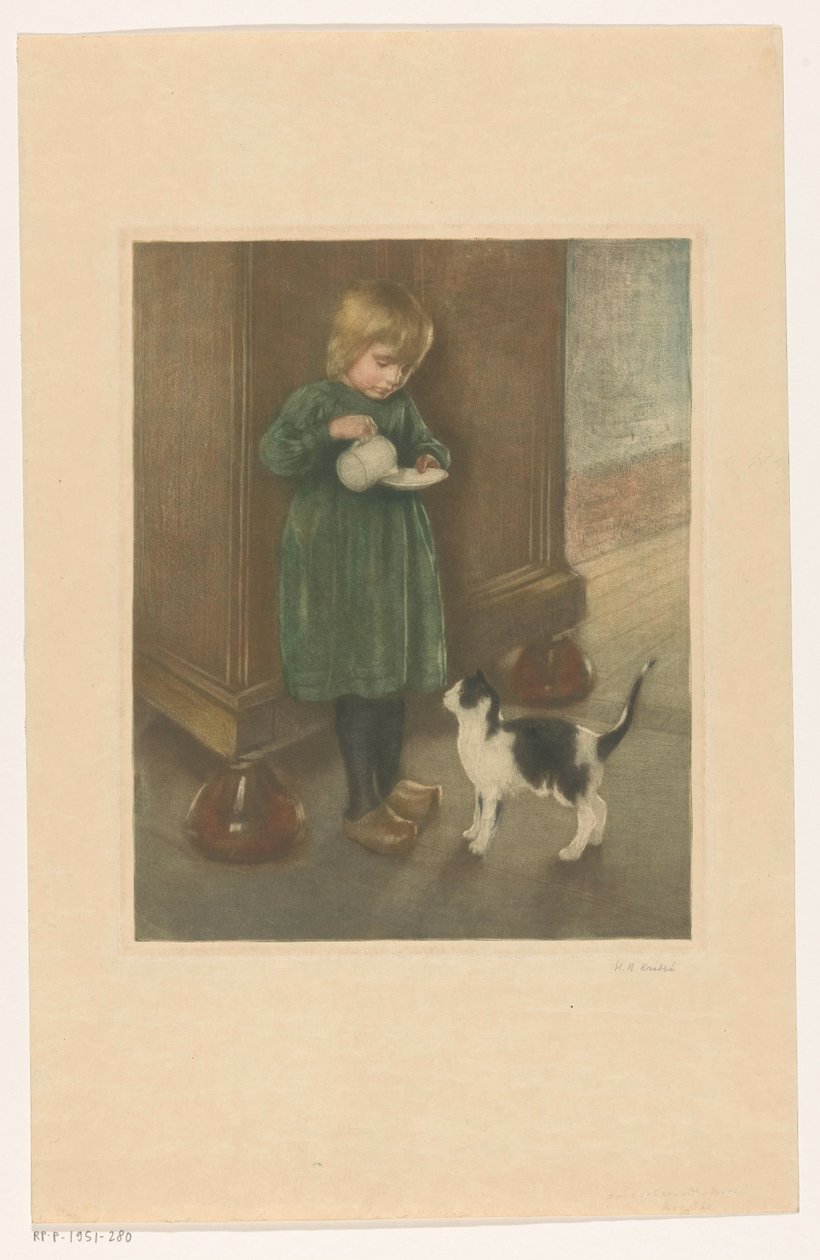 Pige fodrer en kat af Heinrich M. Krabbé (signed by artist)