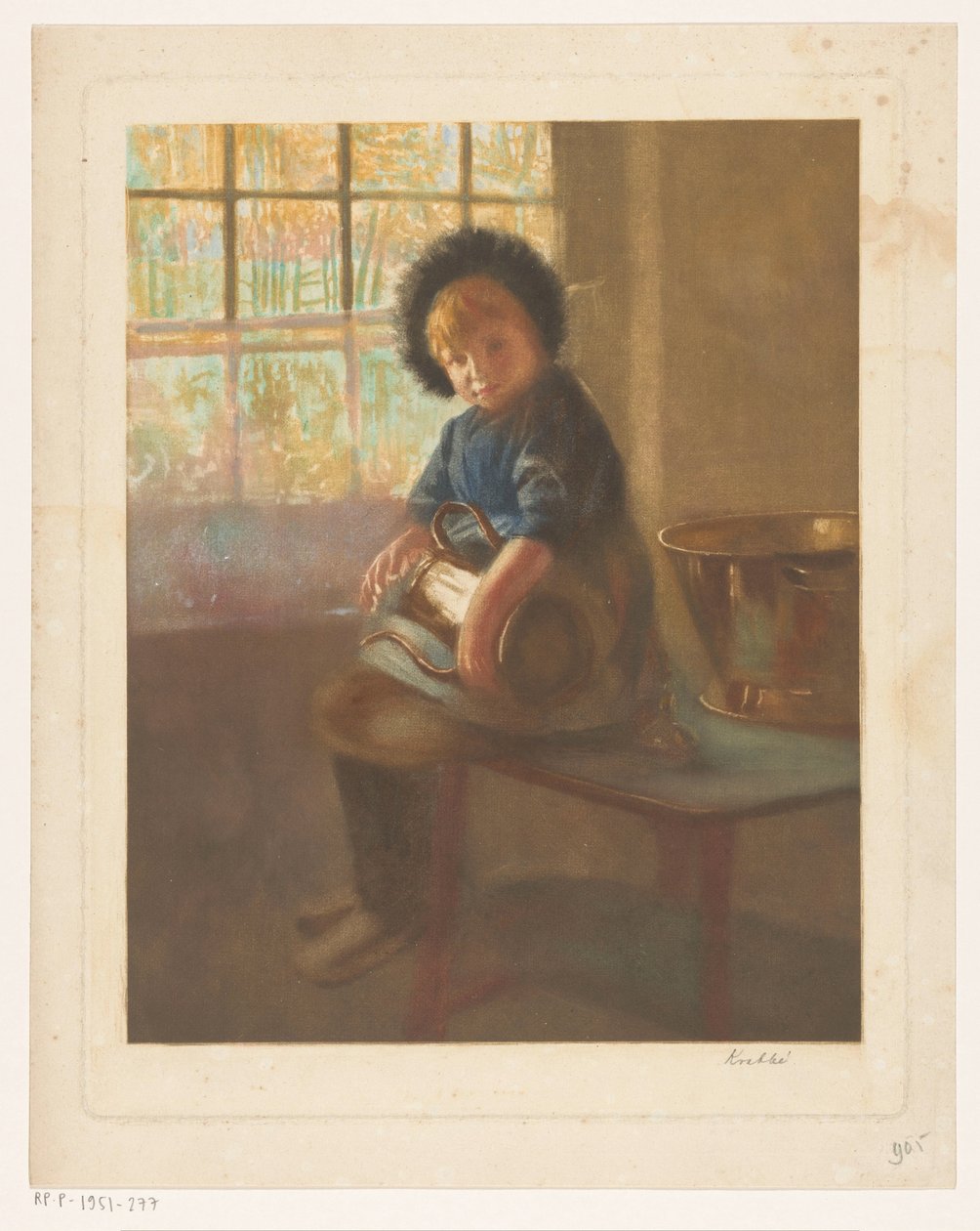 Pige, der polerer en kobbergryde af Heinrich M. Krabbé (signed by artist)