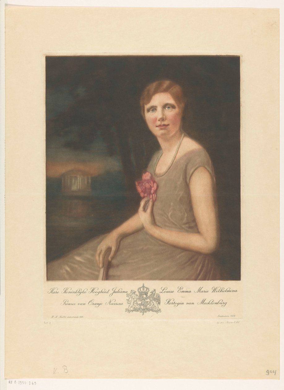 Portræt af prinsesse Juliana Hendes Kongelige Højhed Juliana Louise Emma Marie Wilhelmina, prinsesse af Orange Nassau, hertuginde af Mecklenburg (titel på objekt) af Heinrich M. Krabbé (signed by artist)