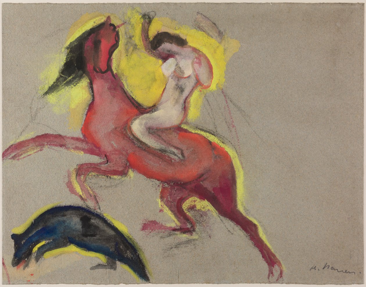 Amazone med hest. Studie af "Amazonernes kamp" i Drove Castle, ca. 1911-12 (pastel, gouache  kridt på papir) af Heinrich Nauen