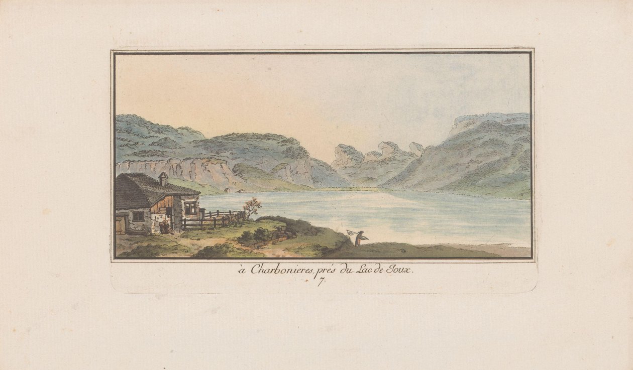 Udsigt over Les Charbonnières på Lac de Joux i Charbonieres, nær Lac de Joux (titel på objekt) Landskaber i Schweiz (serietitel) Samling af nogle perspektiver i Schweiz (serietitel) af Heinrich Rieter