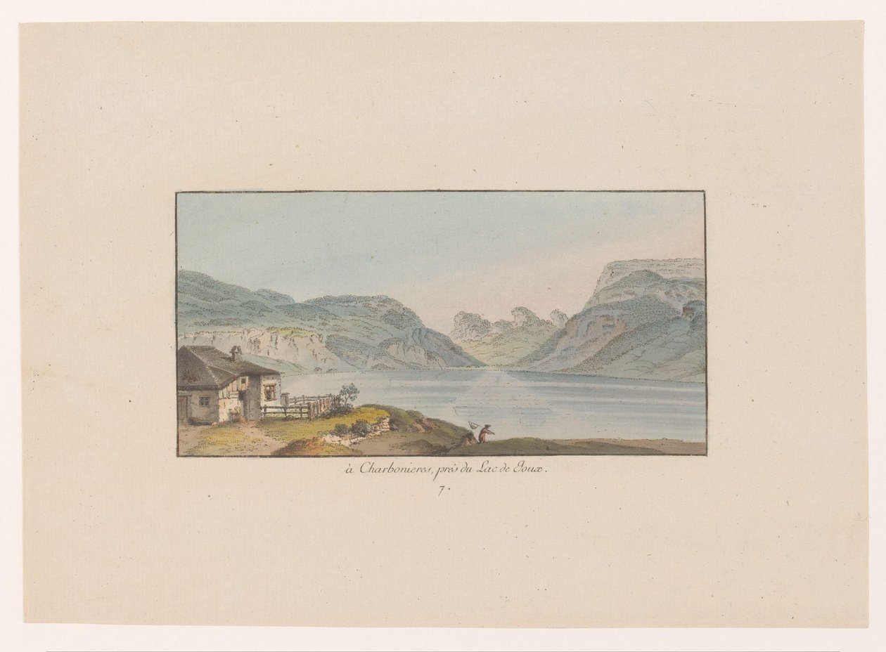 Se på Les Charbonnières ved Lac de Joux i Charbonieres, nær Lac de Joux (titel på objektet) Gezichten op Zwitserland (serietitel) Samling af nogle synspunkter tegnet i Schweiz fra naturen (serietitel) af Heinrich Rieter