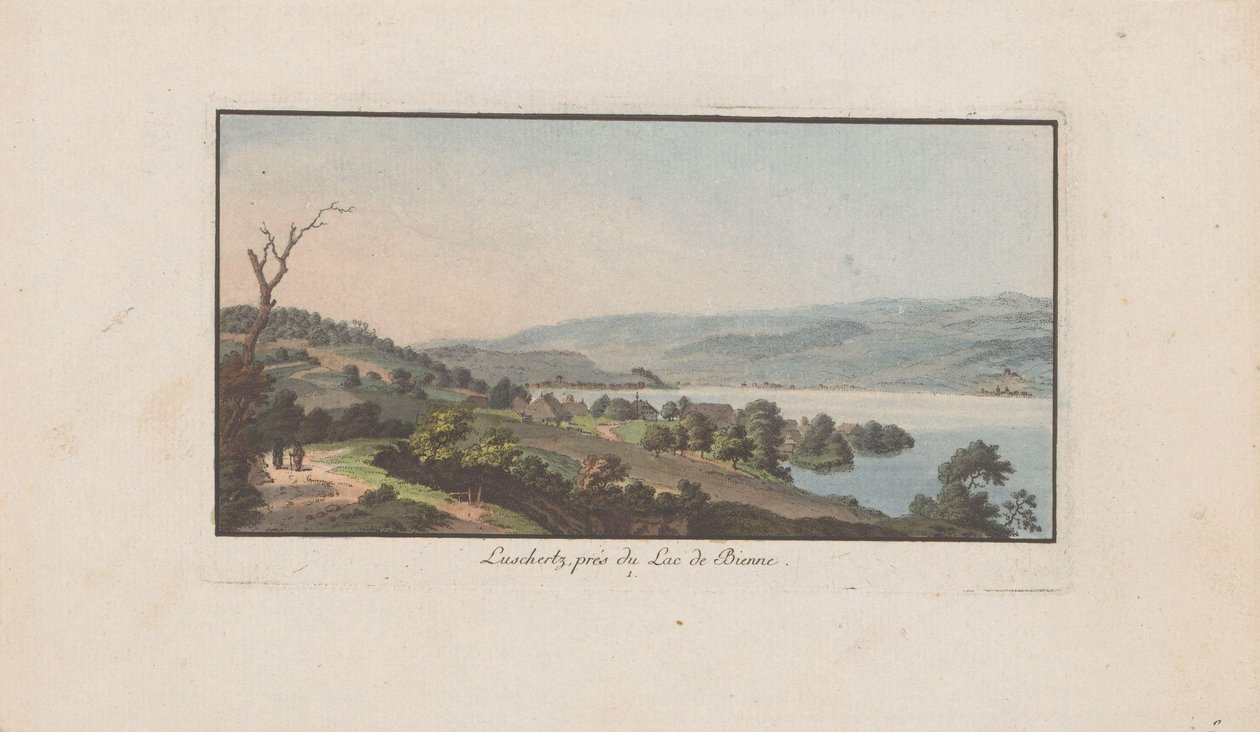 Udsigt over Lüscherz på Bielersee Luschertz, nær Lac de Bienne (titel på objekt) Landskaber i Schweiz (serietitel) Samling af nogle perspektiver i Schweiz (serietitel) af Heinrich Rieter