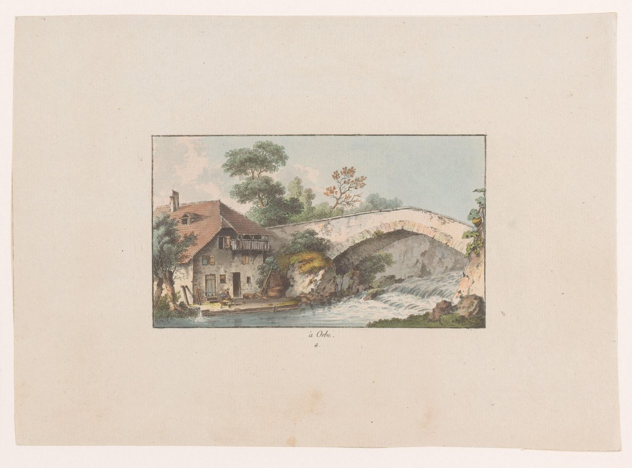 Udsigt over et hus ved en bro i Orbe à Orbe (titel på objekt) Udsigt over Schweiz (serietitel) Collection de quelques vues dessinées en Suisse d