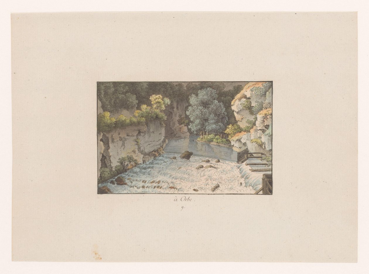 Udsigt over et vandfald ved Orbe à Orbe (titel på objekt) Udsigt over Schweiz (serietitel) Collection de quelques vues dessinées en Suisse d
