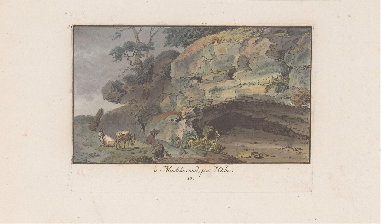 Herder voer ein grot i Montcherand à Montcherand, nær Orbe (titel på objekt) Landskaber i Schweiz (serietitel) Samling af nogle perspektiver i Schweiz (serietitel) af Heinrich Rieter
