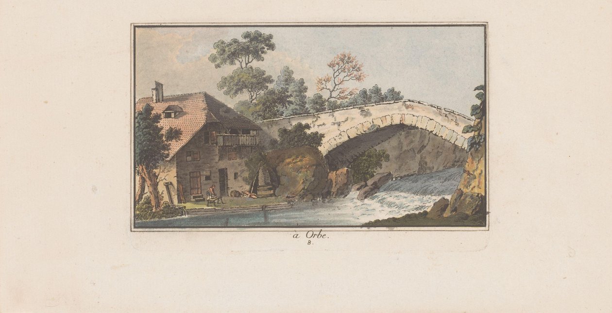 Hus ved siden af ​​en bro over en flod i Orbe à Orbe (titel på objekt) Landskaber i Schweiz (serietitel) Sammlung einiger Aussichten in der Schweiz (serietitel) af Heinrich Rieter