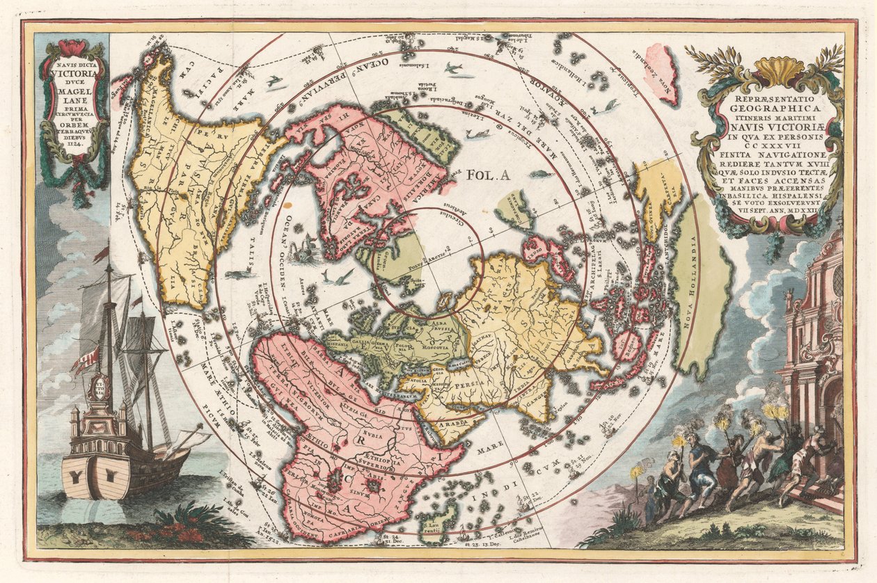 Verdenskort med Magellans jordomsejling Fra Scherers Atlas novus, 1702-1703 af Heinrich Scherer