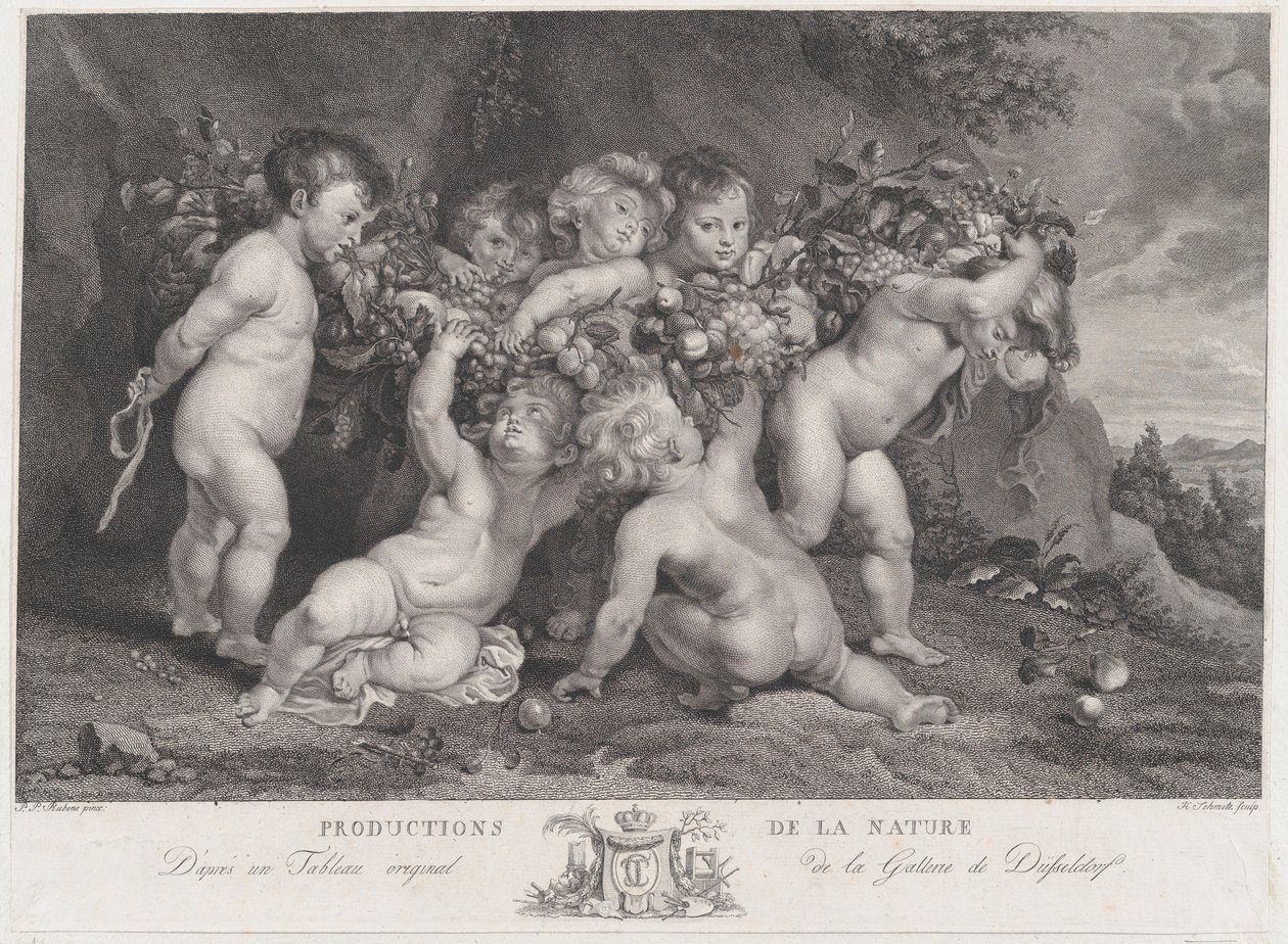 Syv putti med en krans af frugt, ca. 1780-87. af Heinrich Schmitz