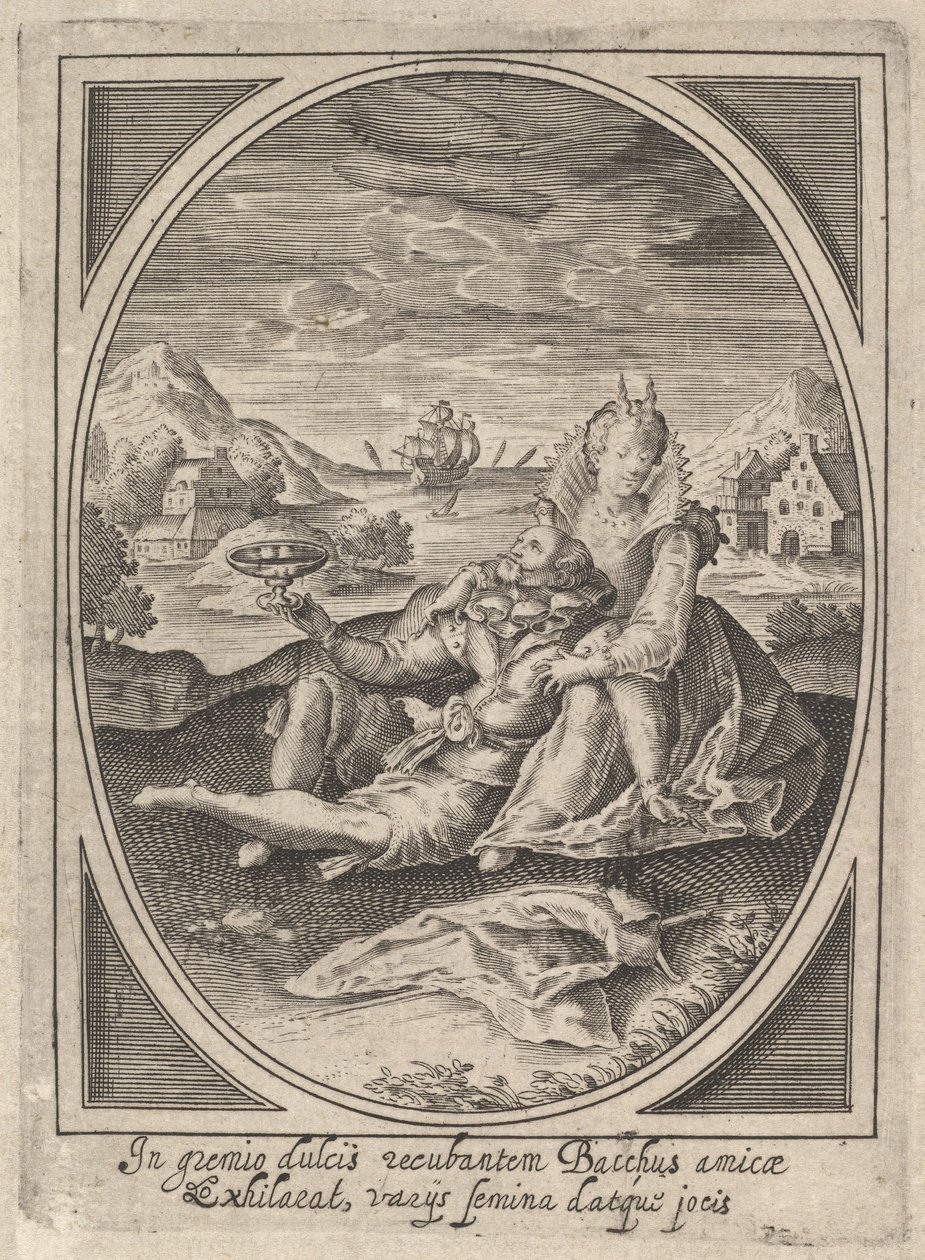 Et par sad på jorden, manden holder en bæger og læner sig tilbage mod..., ca. 1585-1621. af Heinrich Ulrich