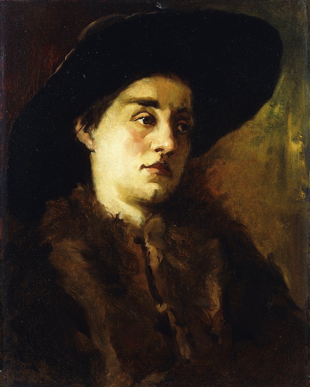 Portræt af en dame, iført en pelsfrakke og sort hat, af Heinrich Wilhelm Truebner