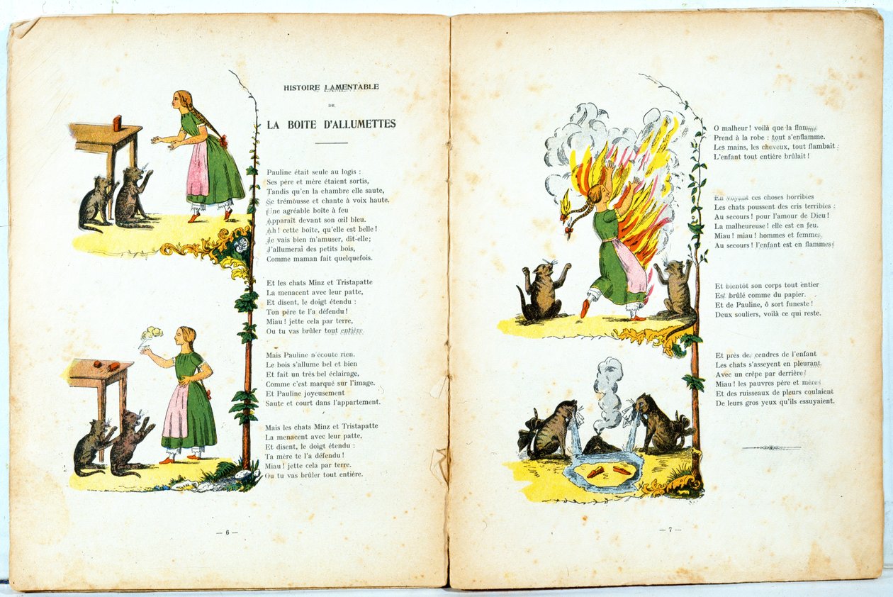 Lamentable History of the Matchbox, illustration fra den franske oversættelse af Hoffmanns Struwwelpeter lavet af Trim (Louis Gustave Ratisbonne, 1827-1900), ca. 1850 af Heinrich Hoffmann