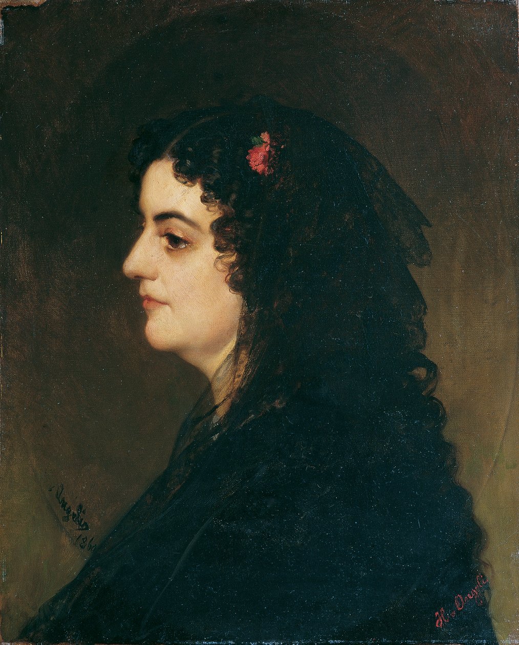 Dame i profil med slør og nellike af Heinrich von Angeli
