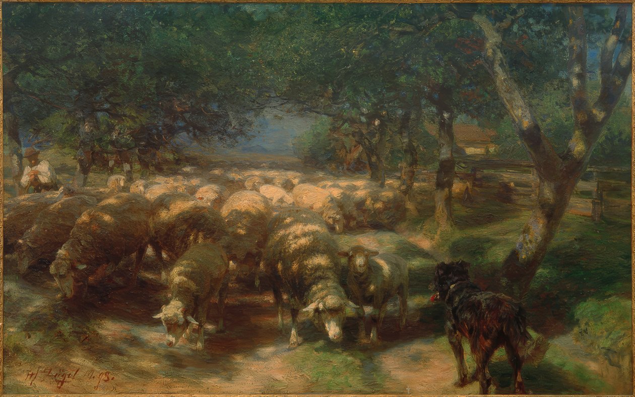 Flok får med hund af Heinrich von Zügel