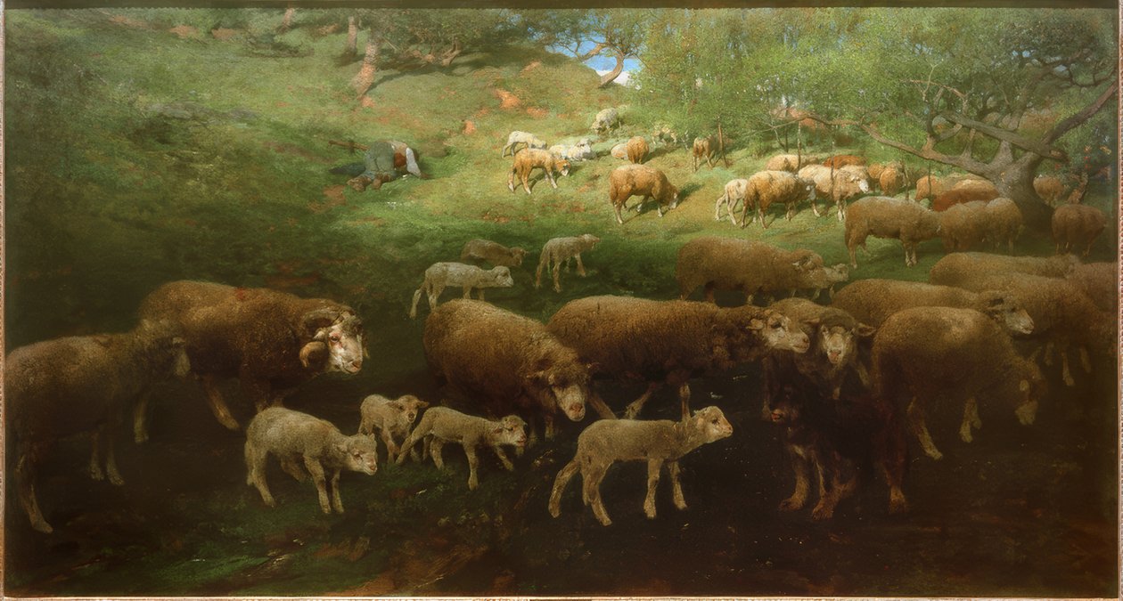 Flok får med lam af Heinrich von Zügel