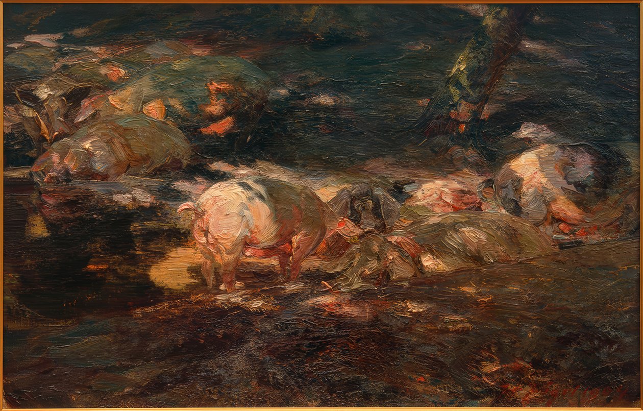 Flok grise i skoven ved vandet af Heinrich von Zügel